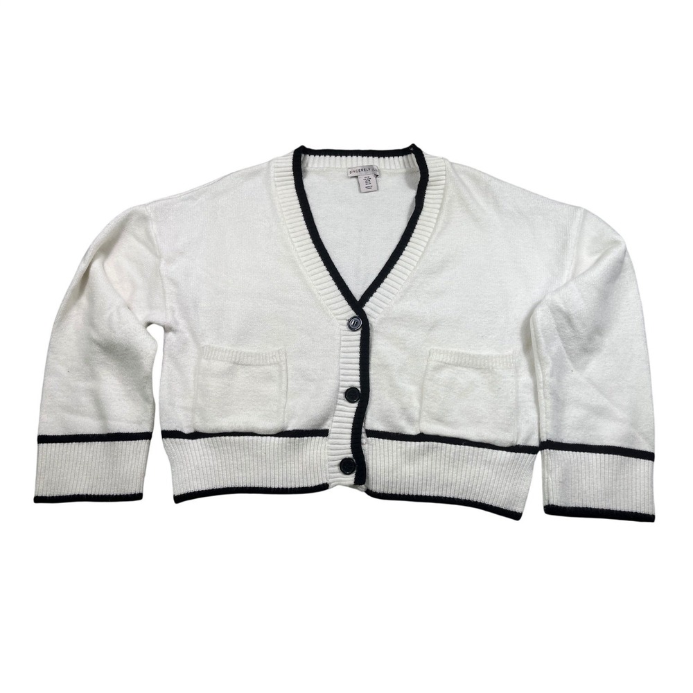 Sincerely Jules Cardigan Sweater M White Black Contrast Trim Preppy Coastal